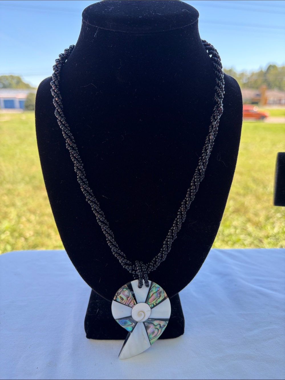 Handcrafted Shell Spiral Pendant - Black Beaded Strand Necklace mother of pearl